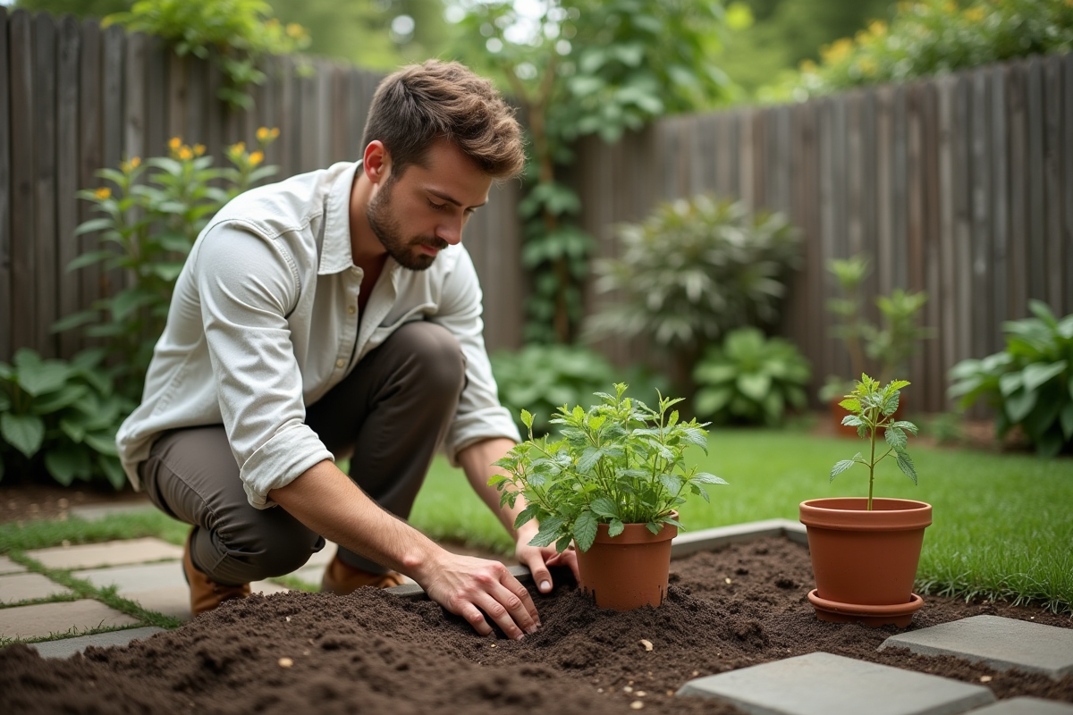 Jeune homme transplantant des herbes dans un jardin en arrière-cour