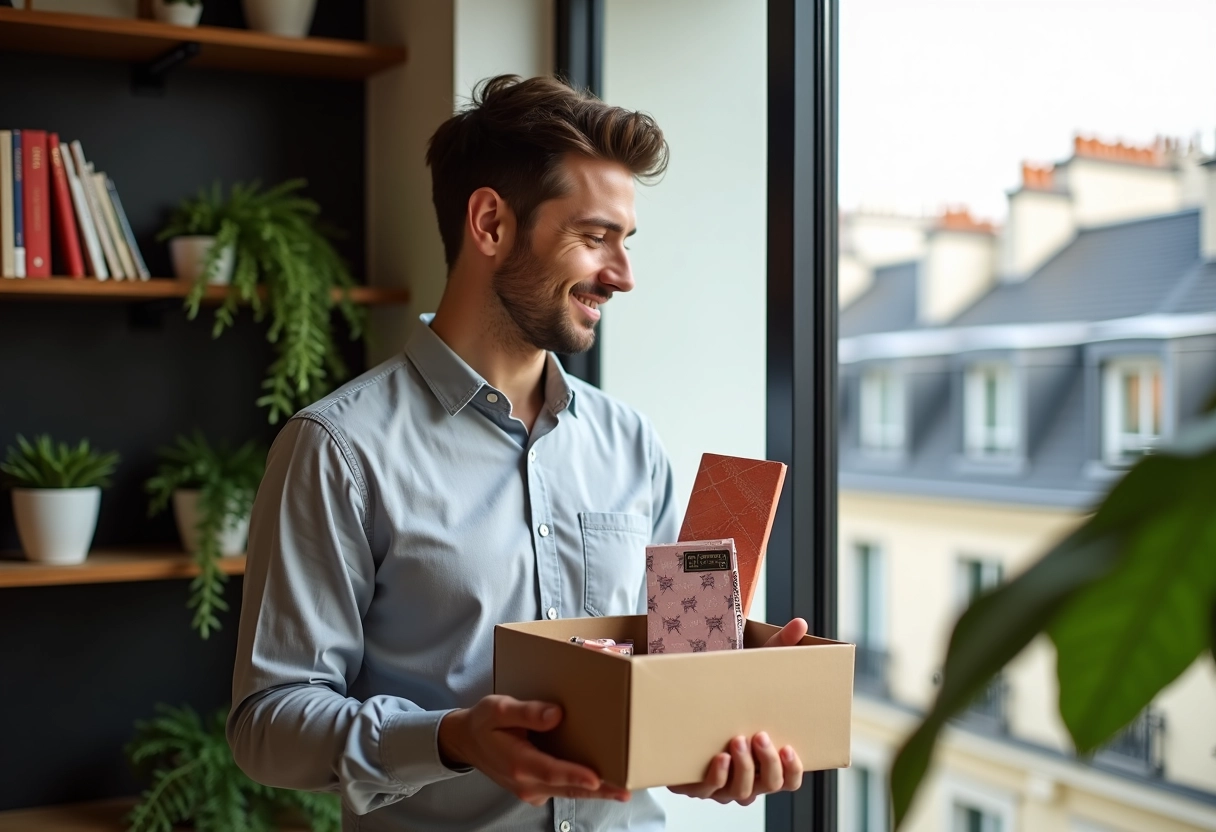 Jeune homme découvrant une box Paris dans son appartement