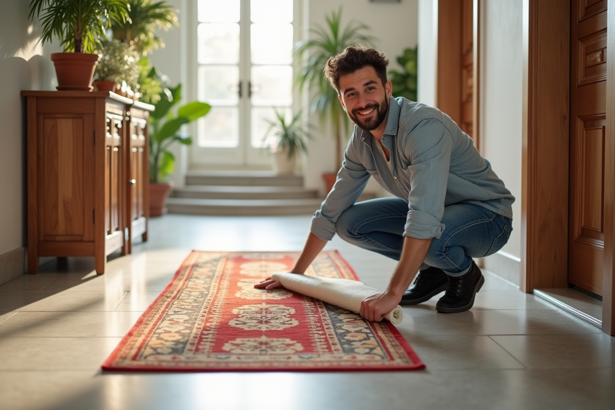 Jeune homme posant un sous-tapis antidérapant sous un tapis