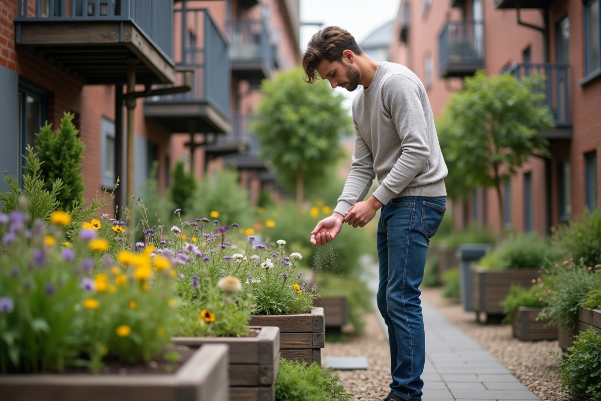 Jeune homme semant des graines dans un cour communal urbain