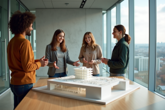 Groupe d'architectes jeunes autour d'un modèle 3D futuriste