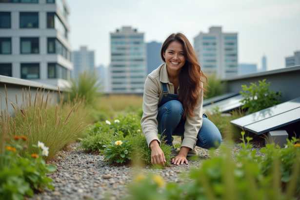 Femme souriante dans un jardin sur toit urbain