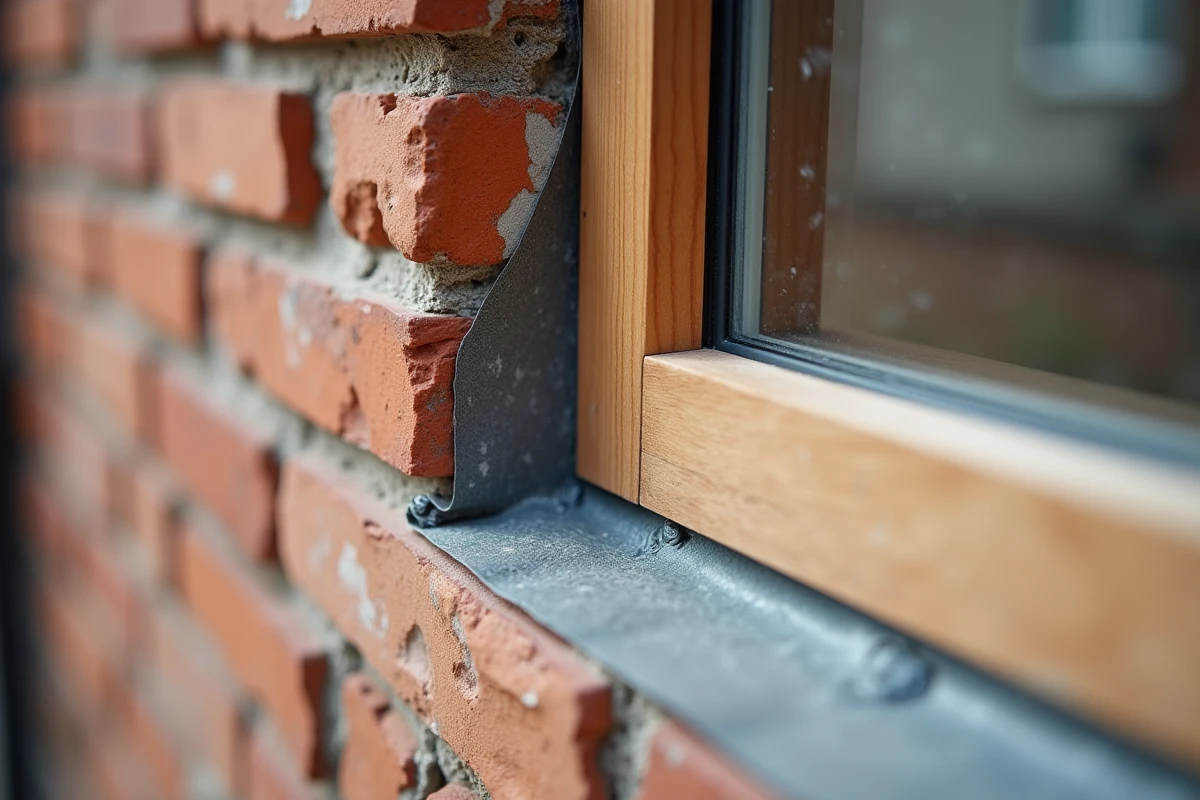 Gros plan sur la jonction entre un cadre de fenêtre en bois et un mur en brique avec membrane d'étanchéité correctement posée
