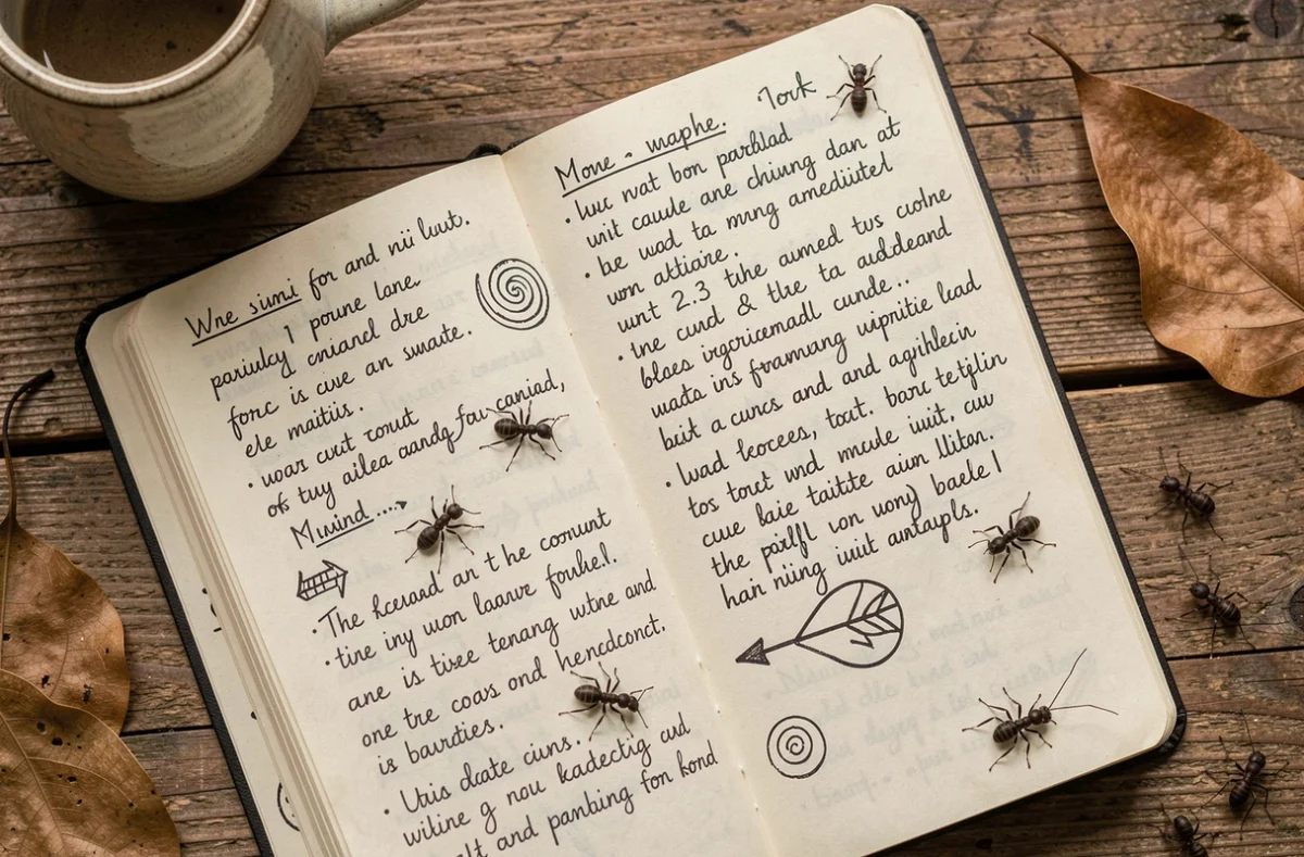 Journal ouvert avec des notes manuscrites et des dessins de fourmis sur une table en bois, symbolisme et signification spirituelle des fourmis dans la maison en 2026