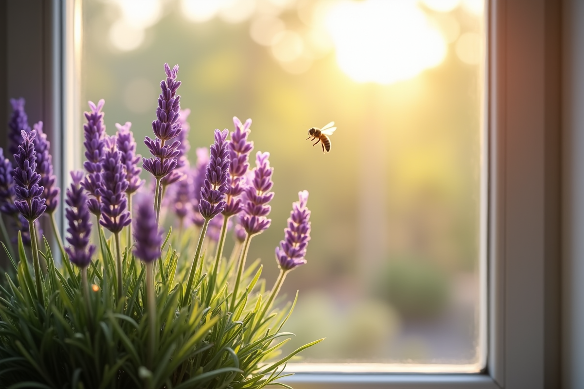 Lavande sur une fenêtre avec une abeille en vol