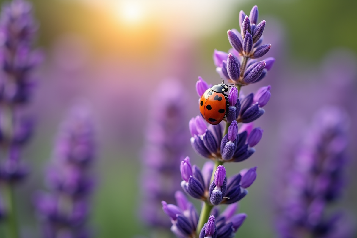 Gros plan sur une lavande en fleurs avec une coccinelle