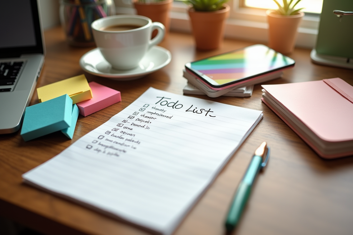 Liste de tâches organisée avec notes et café sur un bureau