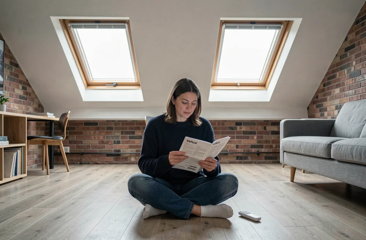 Locataire lisant la notice d'appairage d'une télécommande Velux dans un appartement loft avec fenêtres de toit