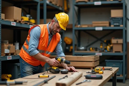 Ouvrier inspectant une perceuse professionnelle dans un magasin de location d'outillage