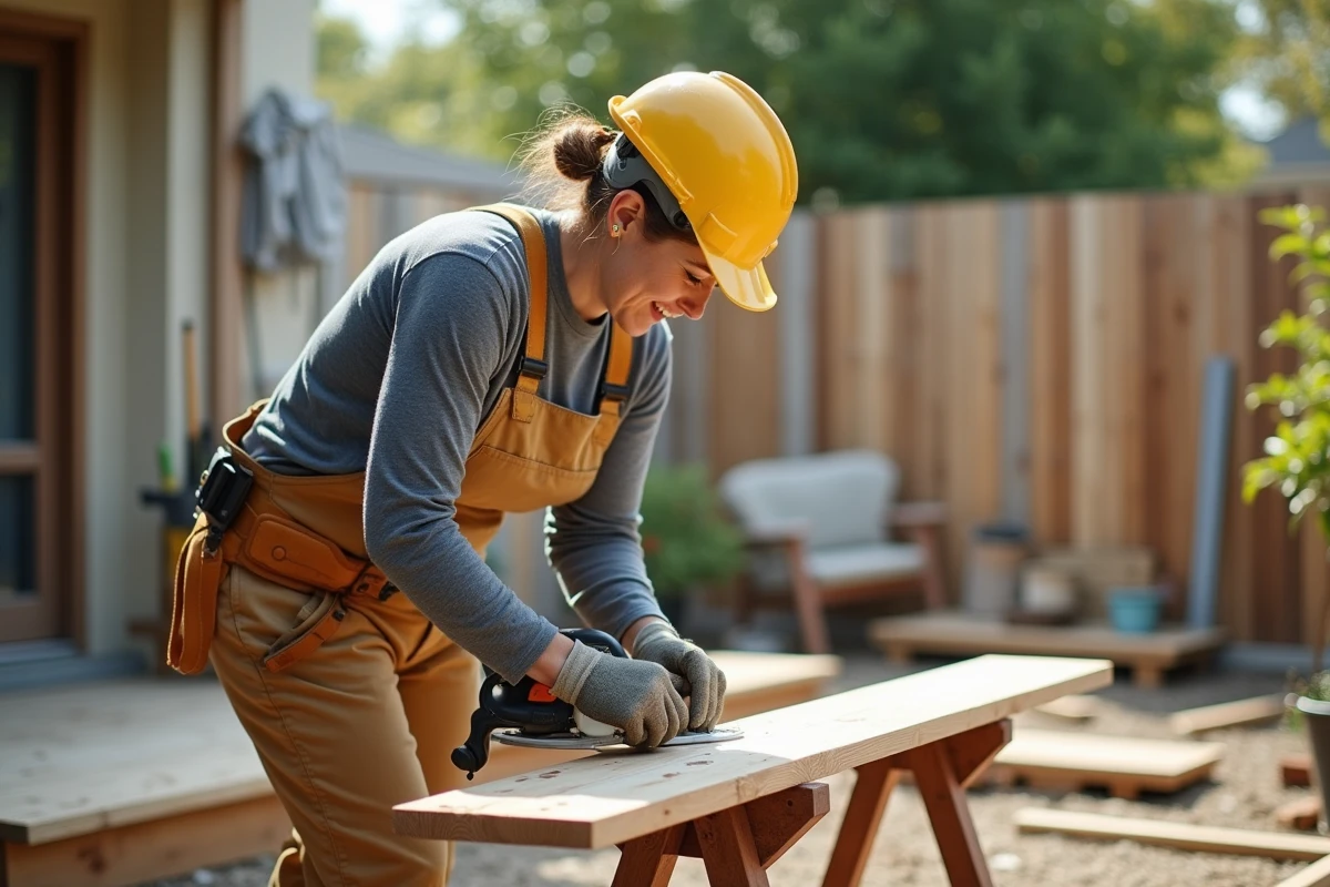 Femme utilisant une scie circulaire de location lors d'une rénovation de terrasse en bois
