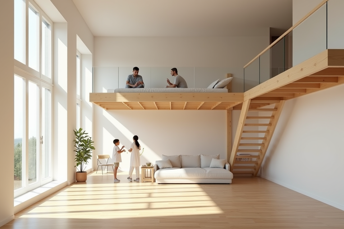 Appartement loft moderne avec mezzanine en bois et grande hauteur sous plafond