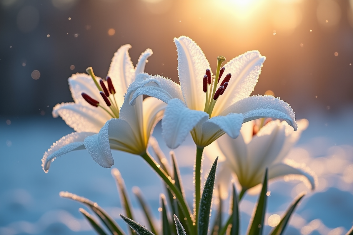 lys blancs givrés dans un jardin d'hiver au lever du soleil