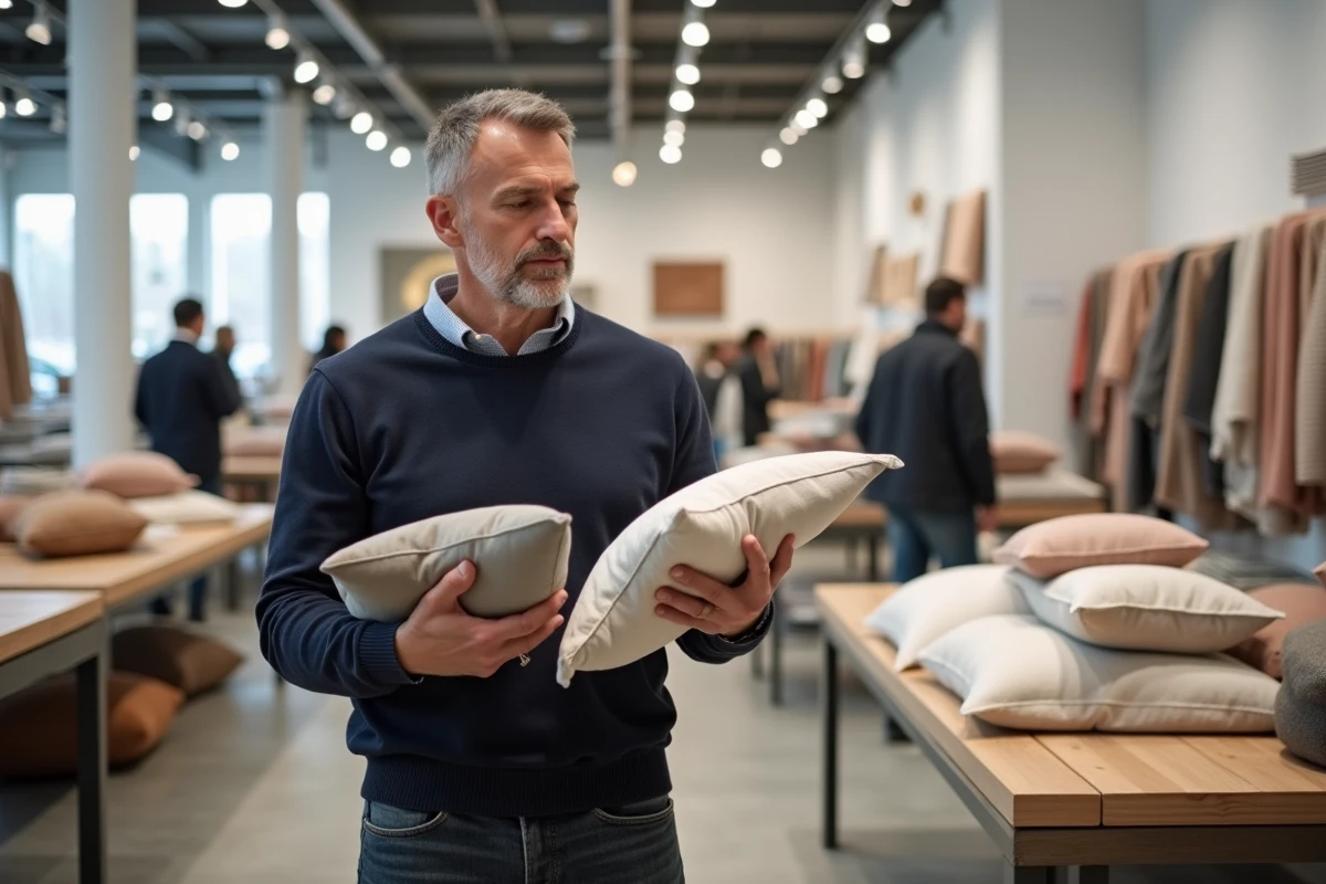 Homme comparant deux housses de coussin décoratives dans un grand magasin de décoration moderne à Lyon, avec des tables d'exposition garnies de textiles et accessoires