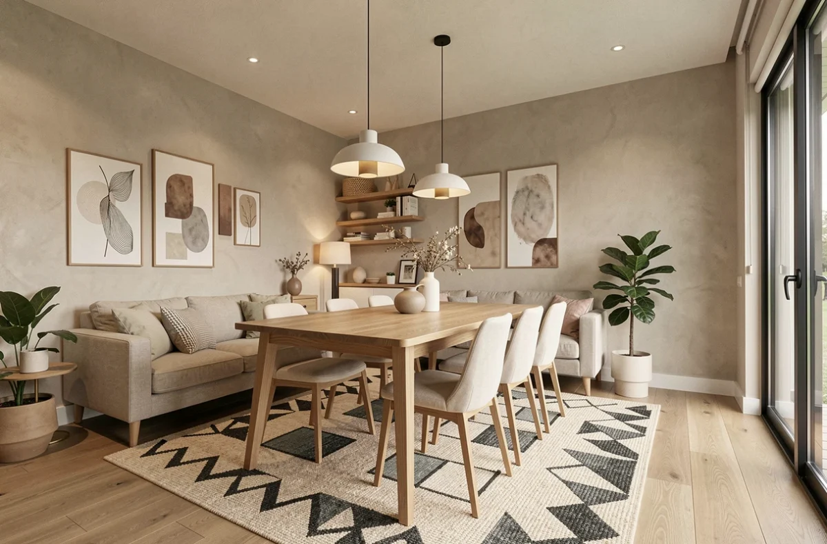 Intérieur moderne décoré par Magic'Deco avec mobilier scandinave, tapis géométrique et accessoires soigneusement choisis dans l'Ain