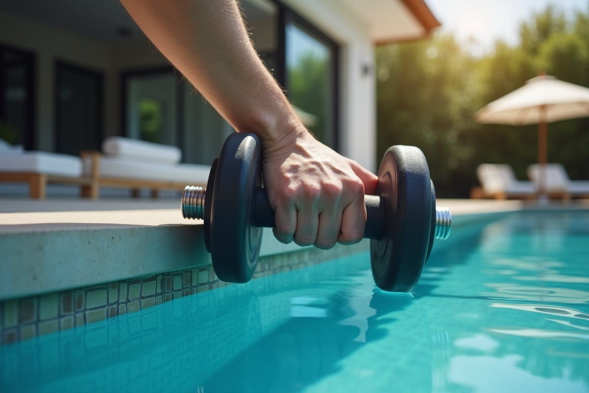 Main posant un haltère sur la couverture de la piscine