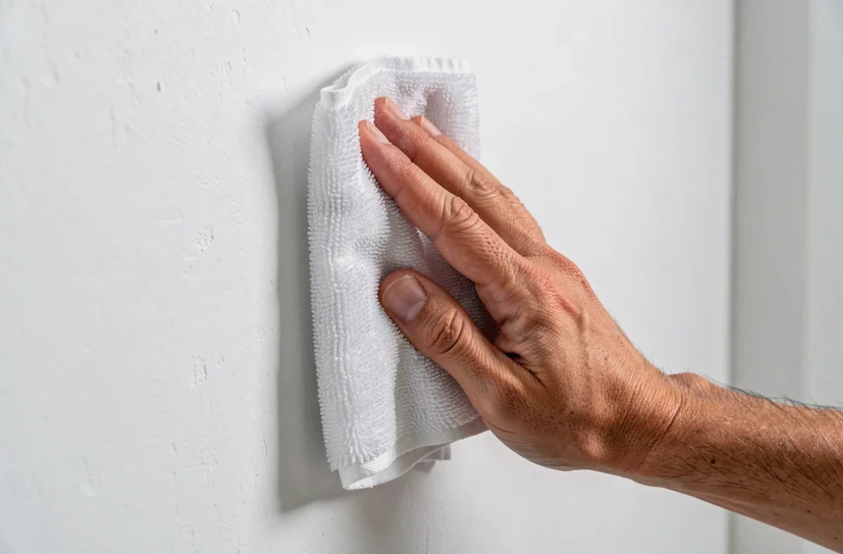 Main essuyant un mur blanc de bas en haut avec une microfibre