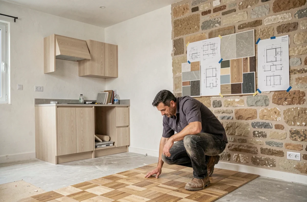 Chantier de rénovation intérieure par Maison 27 bis avec pierre calcaire apparente et parquet neuf en cours de pose