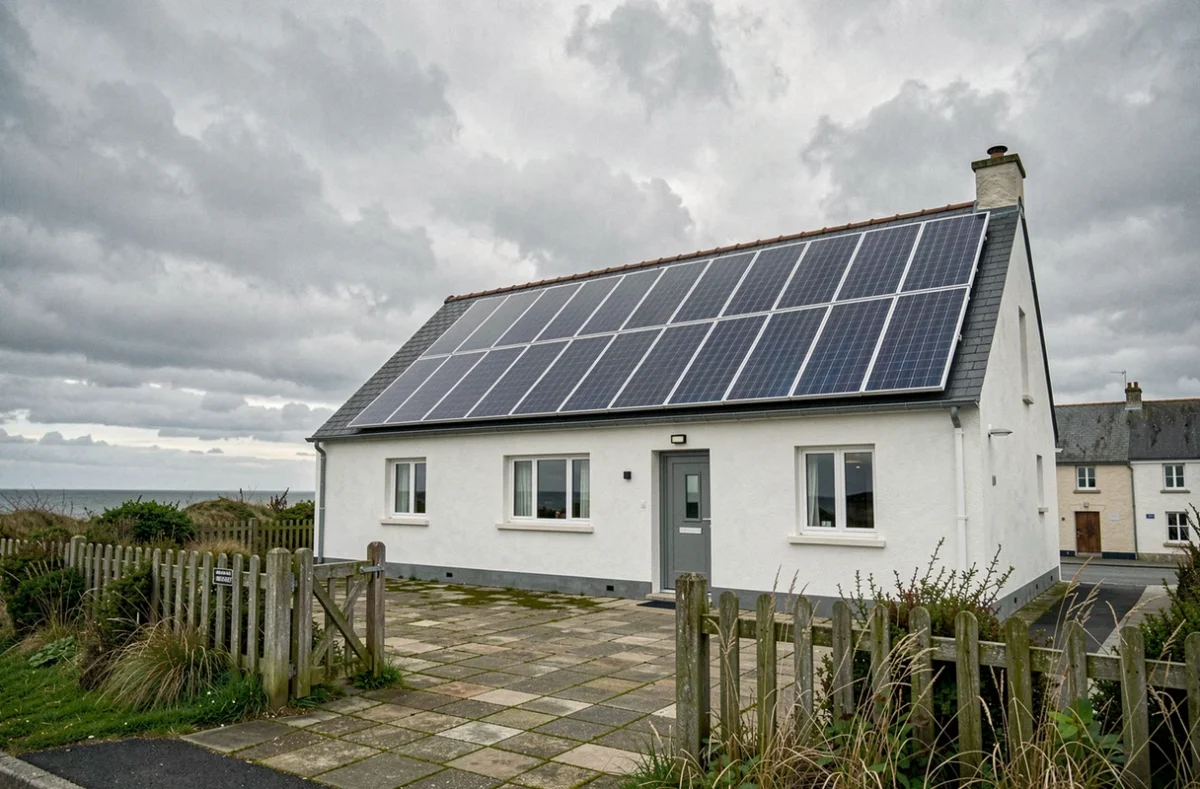 Maison bretonne contemporaine équipée de panneaux solaires sous un ciel nuageux typique du Finistère en Bretagne