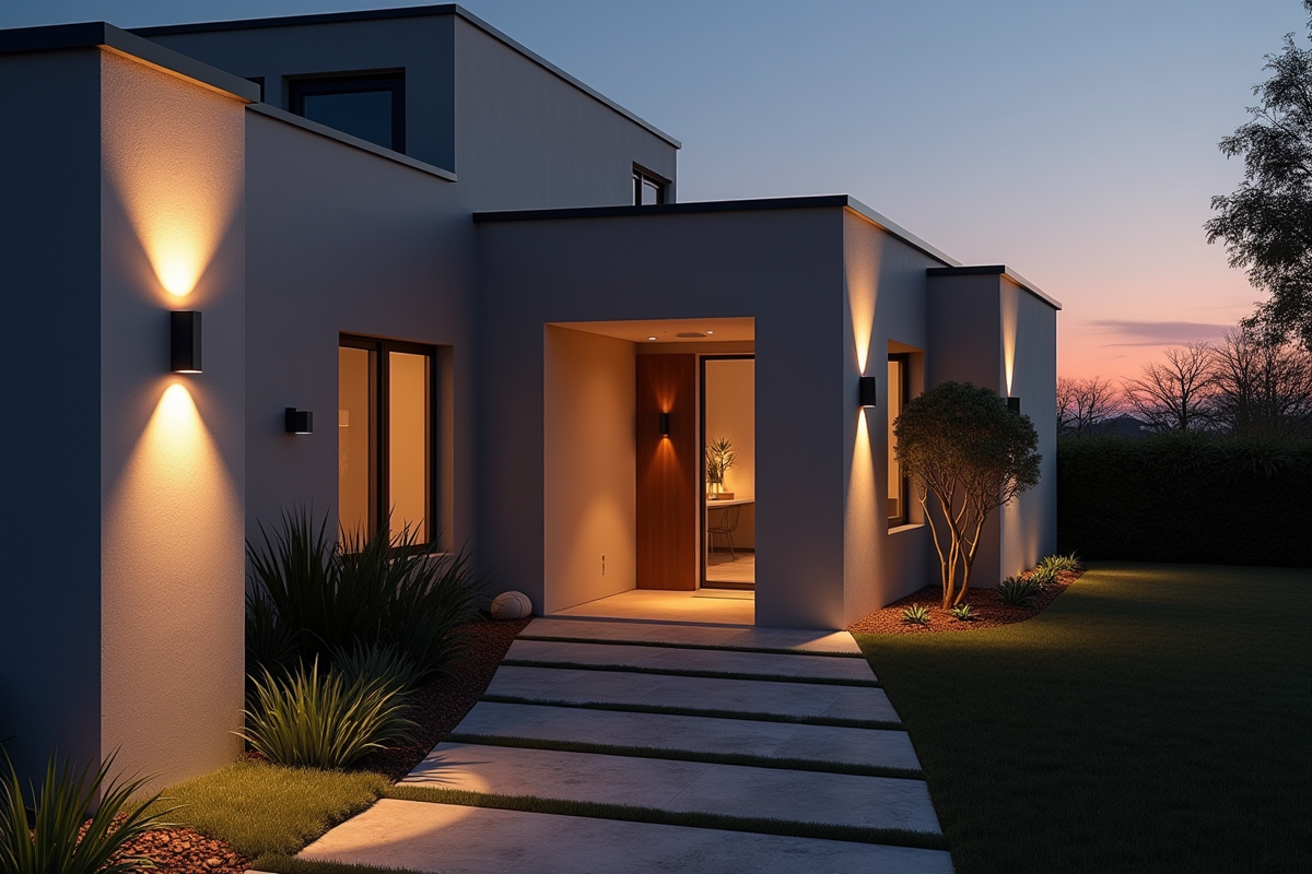 Façade moderne de maison au coucher du soleil avec éclairage extérieur