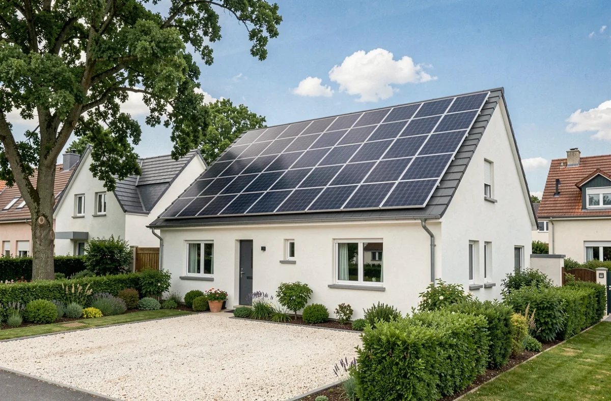 Maison individuelle française équipée d'un système complet de panneaux solaires photovoltaïques en toiture