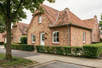 Maison picarde traditionnelle en briques rouges nouvellement construite dans un quartier résidentiel du nord de la France