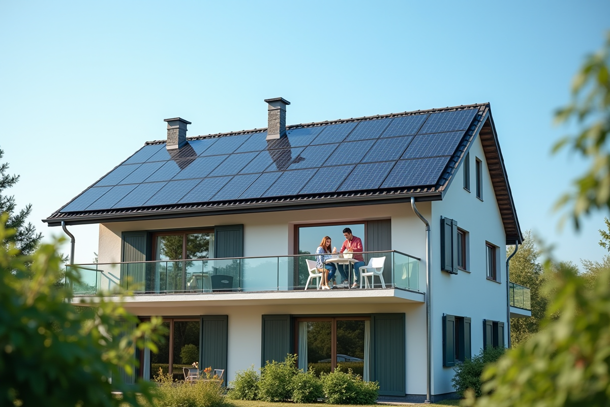 Famille heureuse sur le toit solaire d'une maison moderne