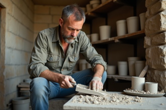 Maçon mesurant du mortier à la main près d'une vieille pierre