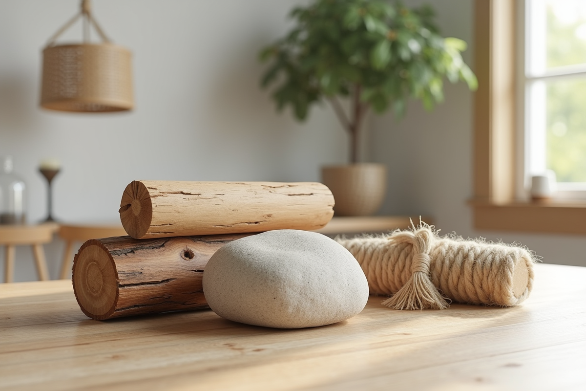 Matériaux naturels bois pierre et jute sur table lumineuse