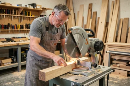 Menuisier expérimenté utilisant une scie radiale sur un établi en atelier professionnel de menuiserie