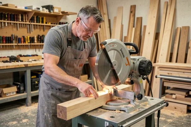 Menuisier expérimenté utilisant une scie radiale sur un établi en atelier professionnel de menuiserie