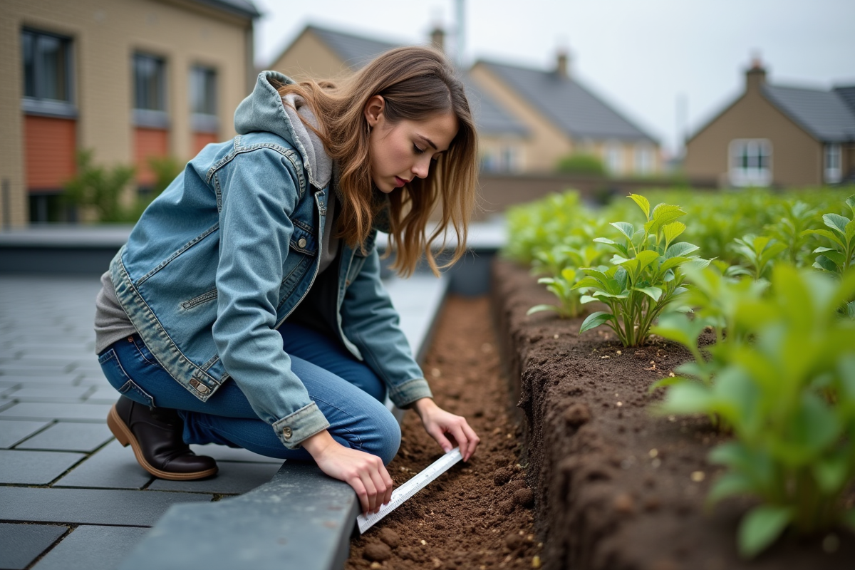 Femme mesurant la couche de sol sur un toit vert