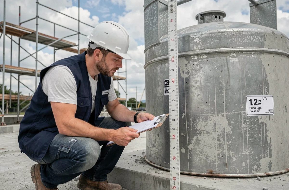 Technicien sur chantier mesurant le volume d'un réservoir industriel en litres et mètres cubes avec un dipstick gradué