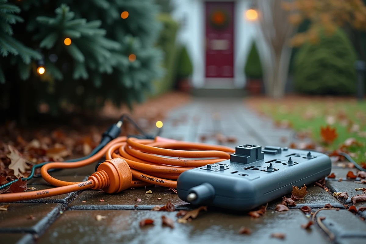 Multiprise extérieure surchargée avec rallonges électriques entremêlées sur une allée mouillée, erreur dangereuse pour les décorations de Noël