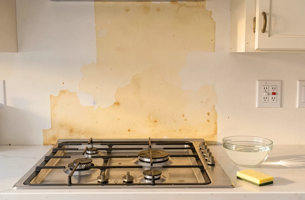 Mur de cuisine blanc jauni au-dessus de la cuisinière avec une éponge