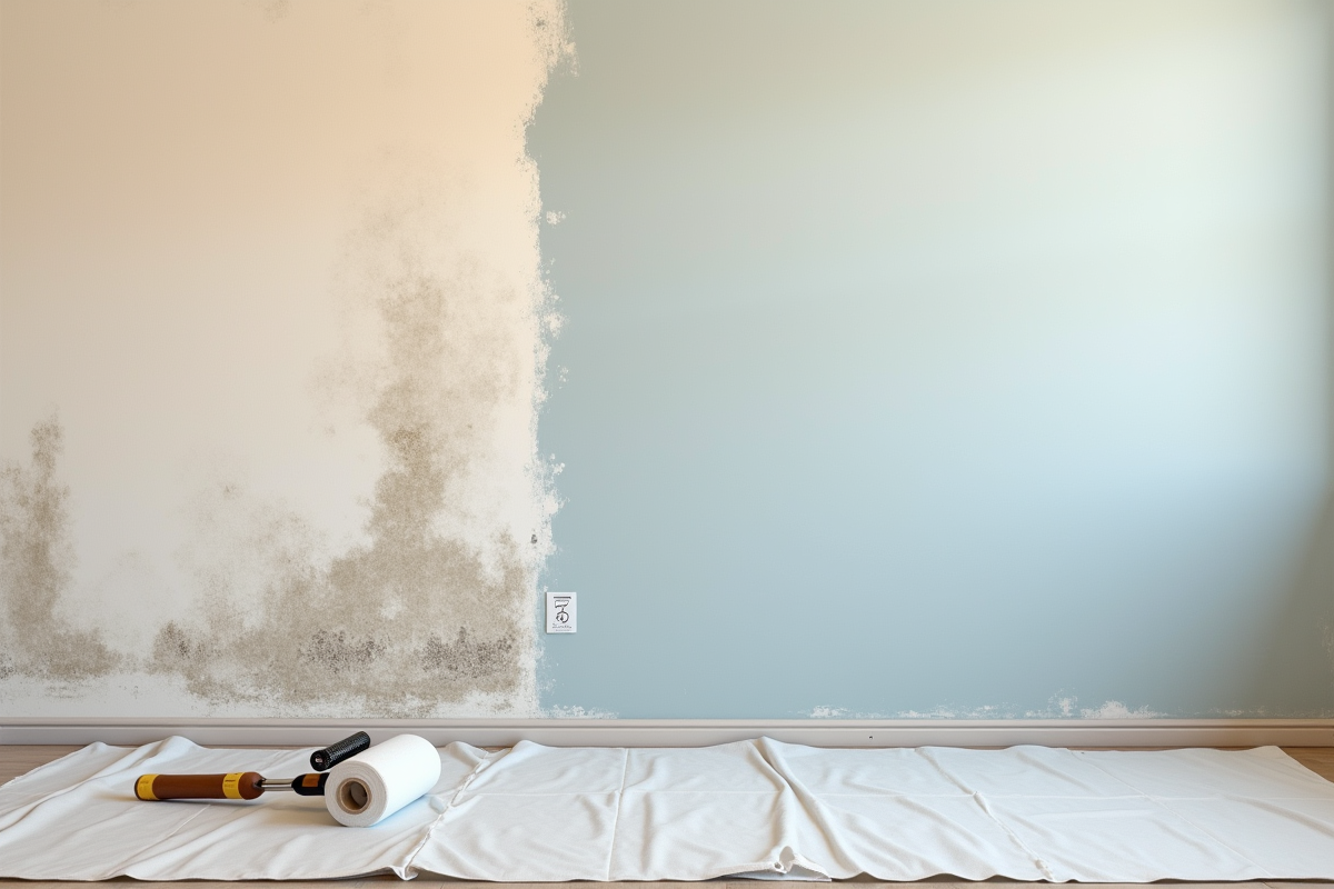 Mur sale avec taches et zone prête pour la peinture