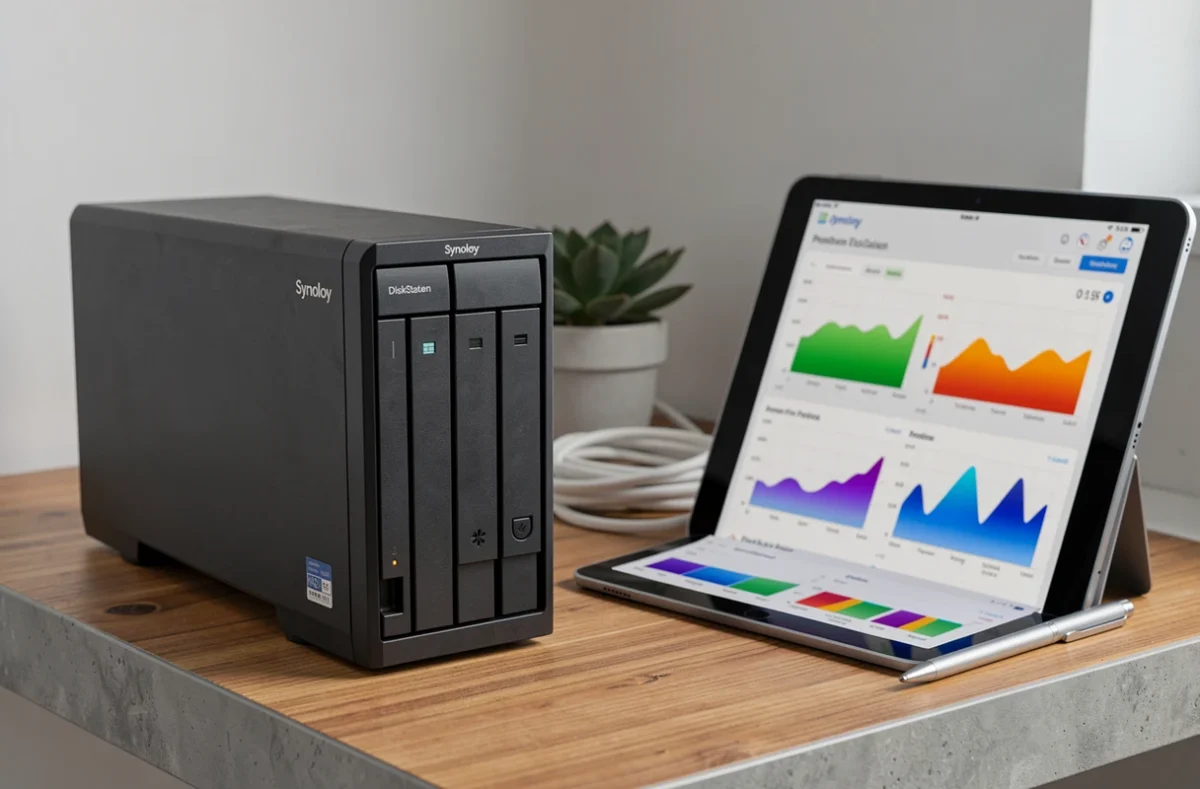NAS Synology posé sur un bureau avec une tablette affichant des données de production d'énergie solaire en temps réel