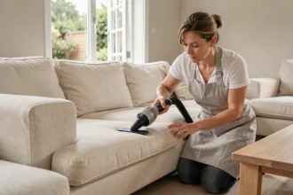 Femme utilisant une shampouineuse professionnelle pour nettoyer un canapé en tissu crème dans un salon moderne