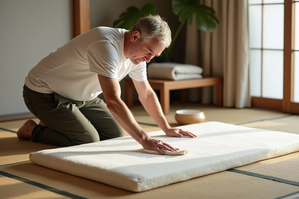 Homme nettoyant un matelas futon en latex naturel posé sur un tatami dans un intérieur japonais authentique