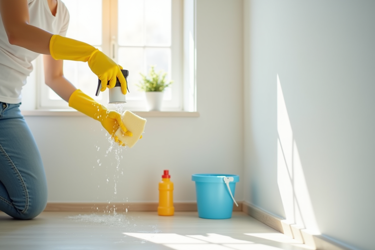 Personne nettoyant un mur blanc avec des gants en caoutchouc