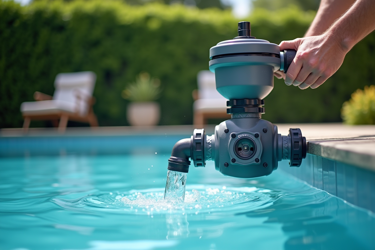 Homme effectuant le nettoyage d'une piscine extérieure moderne