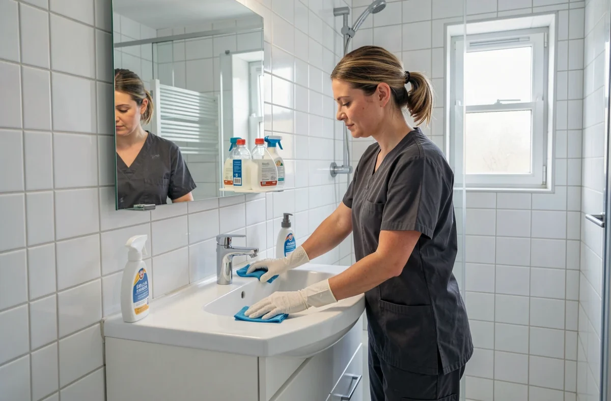 Femme de ménage nettoyant un lavabo de salle de bain dans un appartement de Sucy-en-Brie