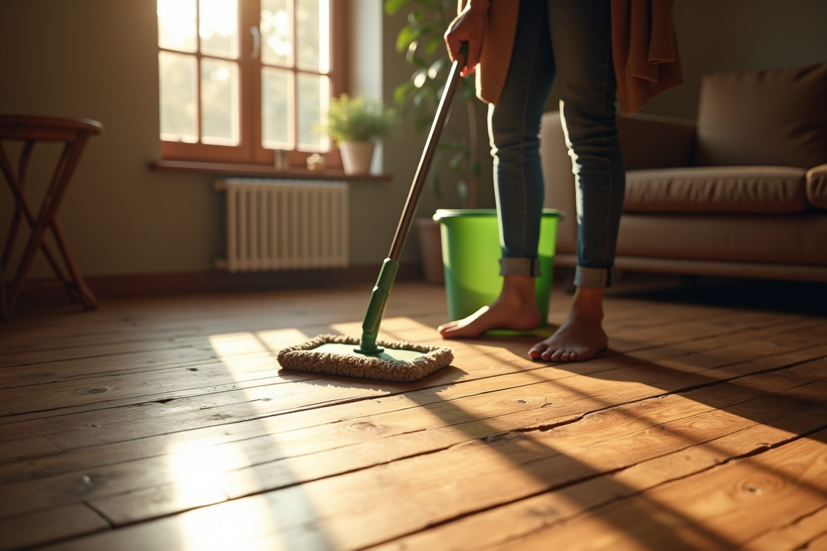Personne nettoyant un vieux parquet en bois dans un salon lumineux