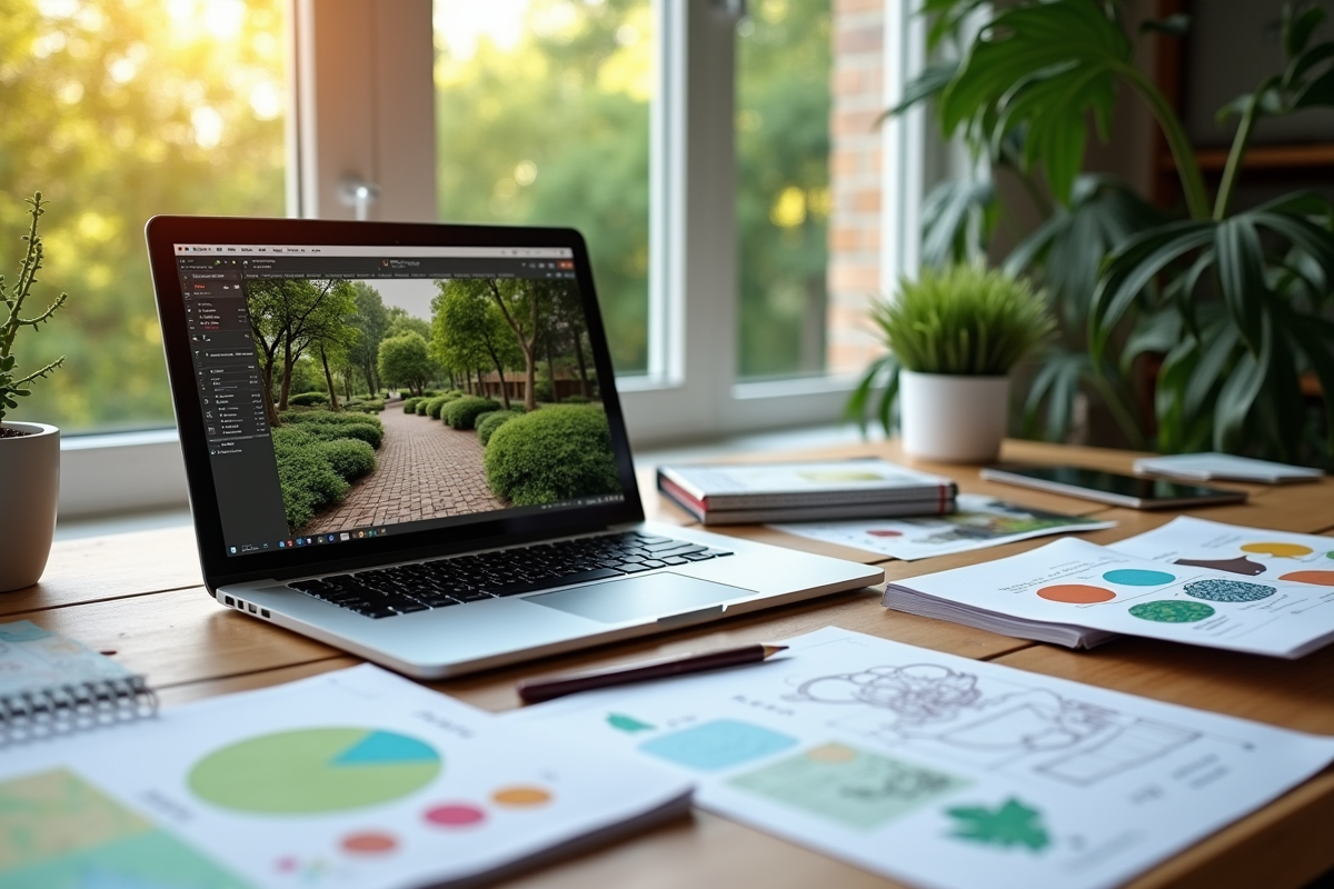 Ordinateur portable sur un bureau en bois avec logiciel de paysage