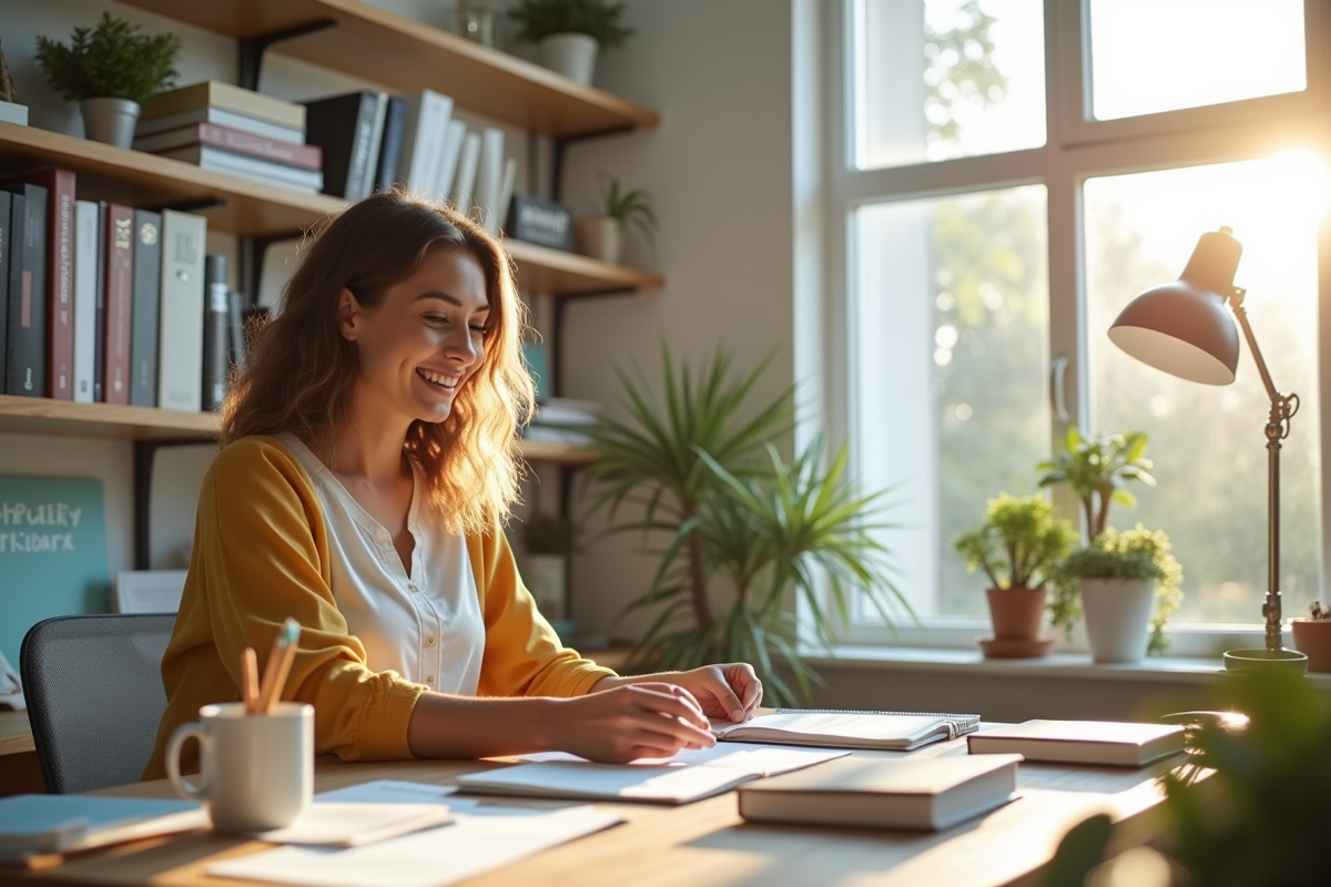 Personne organisant des livres dans un bureau lumineux