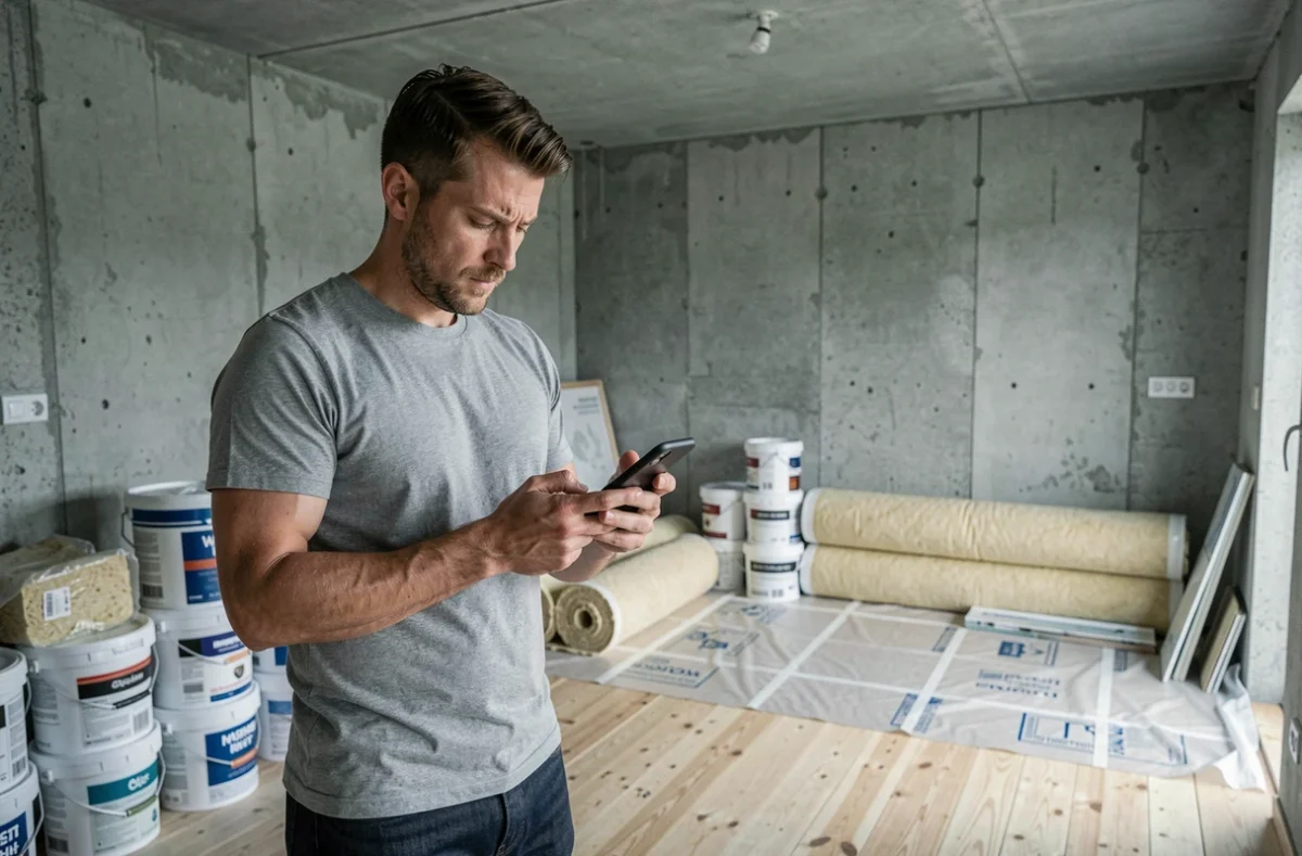 Homme consultant un outil de simulation budget rénovation sur smartphone dans un salon en chantier