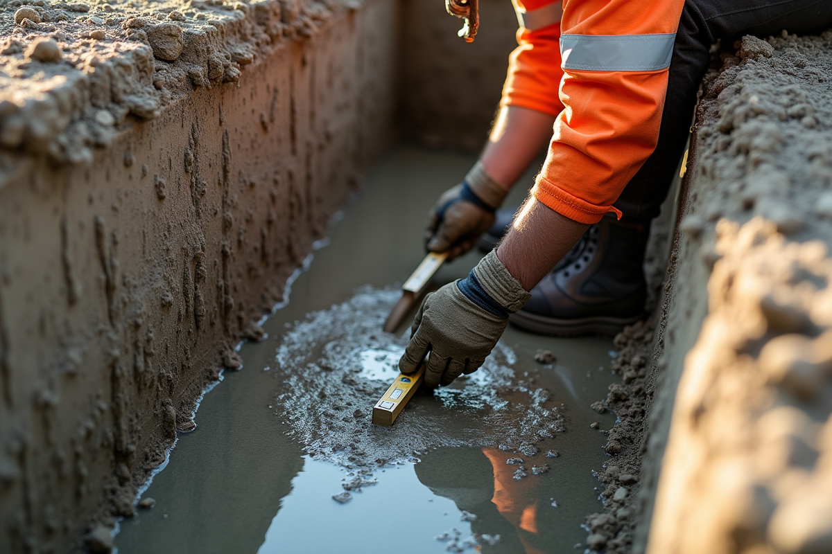 Ouvrier versant du beton dans une tranchée de fondation