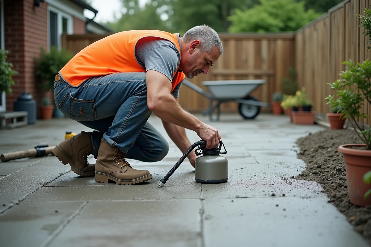 Ouvrier professionnel appliquant un retardateur de surface sur une dalle de béton désactivé fraîchement coulée dans un jardin résidentiel