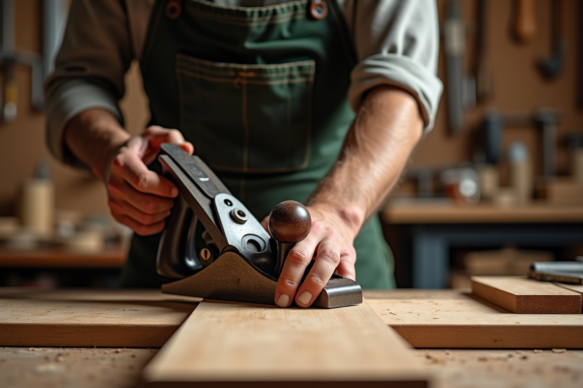 Ouvrier utilisant une ponceuse manuelle pour lisser un bois