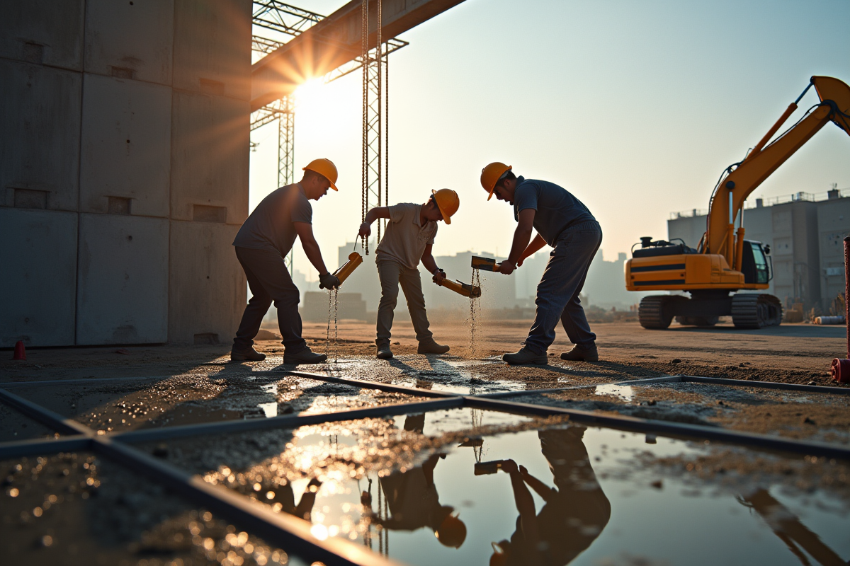 Ouvriers construisant avec du beton sur un chantier