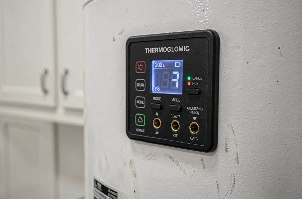 Panneau de commande numérique d'un chauffe-eau thermodynamique 200 litres avec affichage du thermostat